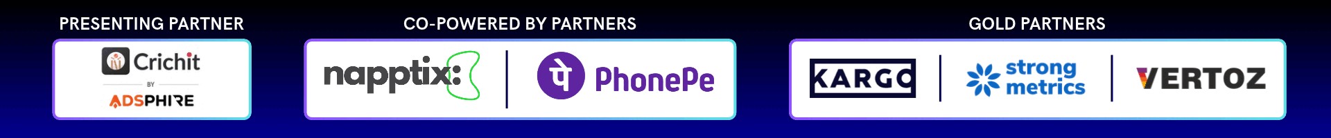 Presenting Partner: Crichit by Adsphire. Co-Powered by Partners: Napptix, PhonePe. Gold Partners: Kargo, Strong Metrics, Vertoz.